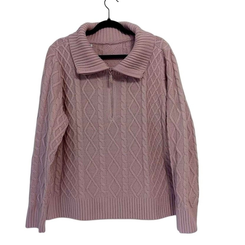 Venus Sweater Womens 1X Pink Cable Knit Quarter Zip Funnel Collar Rhinestone